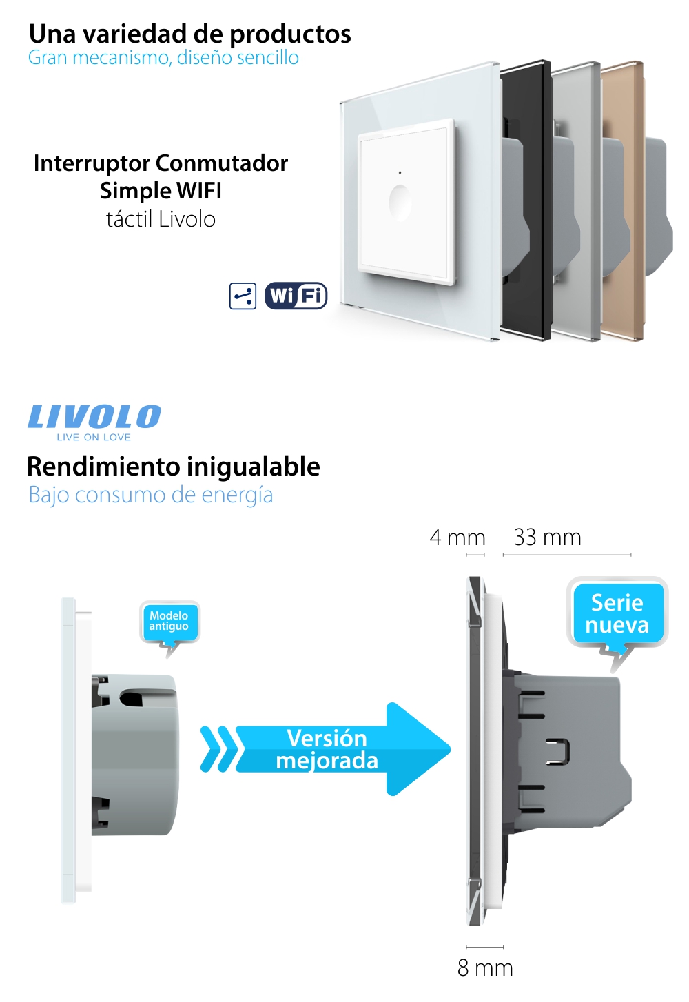 Interruptor conmutador/cruce simple táctil Wifi Livolo, Blanco – serie nueva