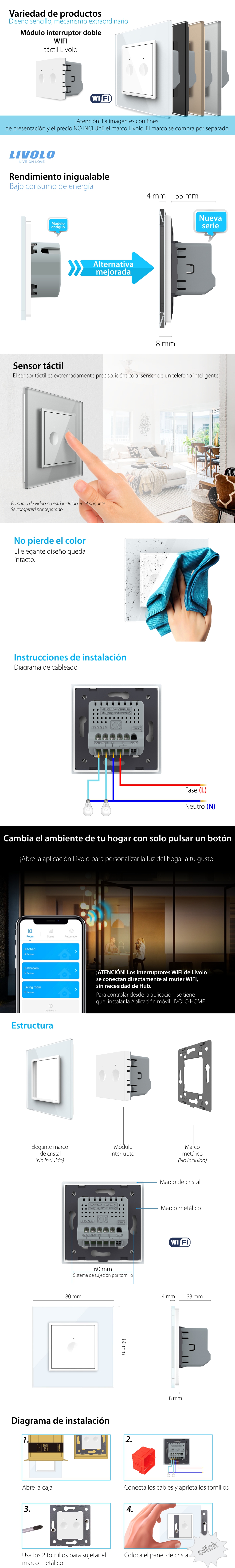 Módulo interruptor doble táctil Wifi Livolo – Serie nueva