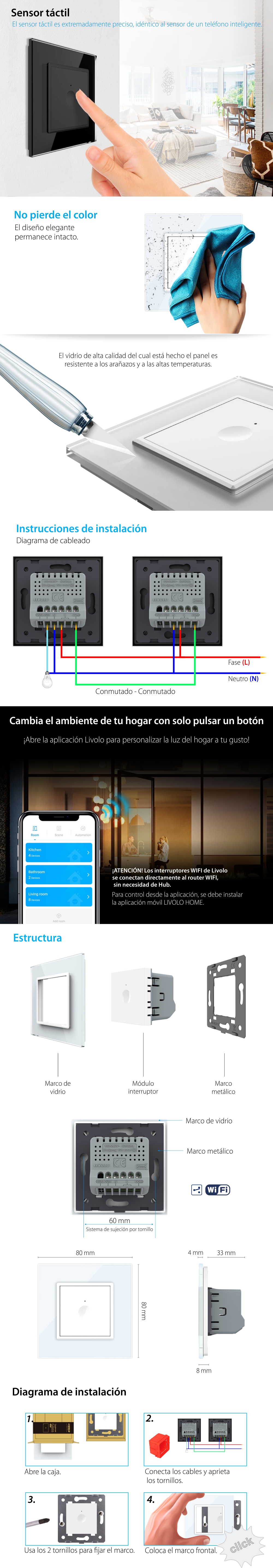Interruptor conmutador/cruce simple táctil Wifi Livolo, Blanco – serie nueva