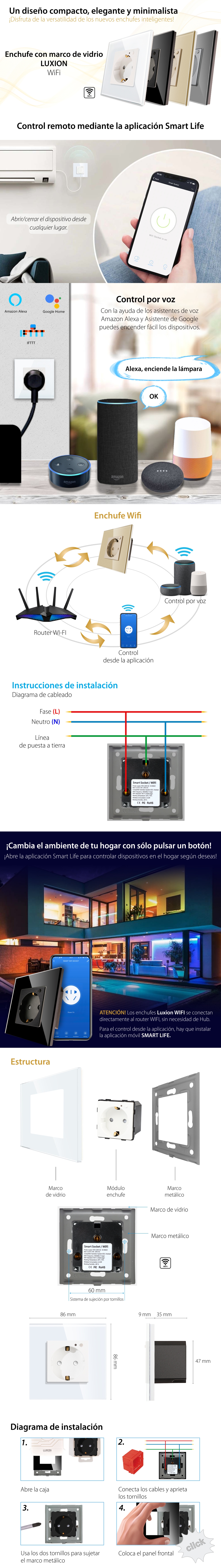 Interruptor simple + enchufe con marco de vidrio LUXION - Casa del Futuro