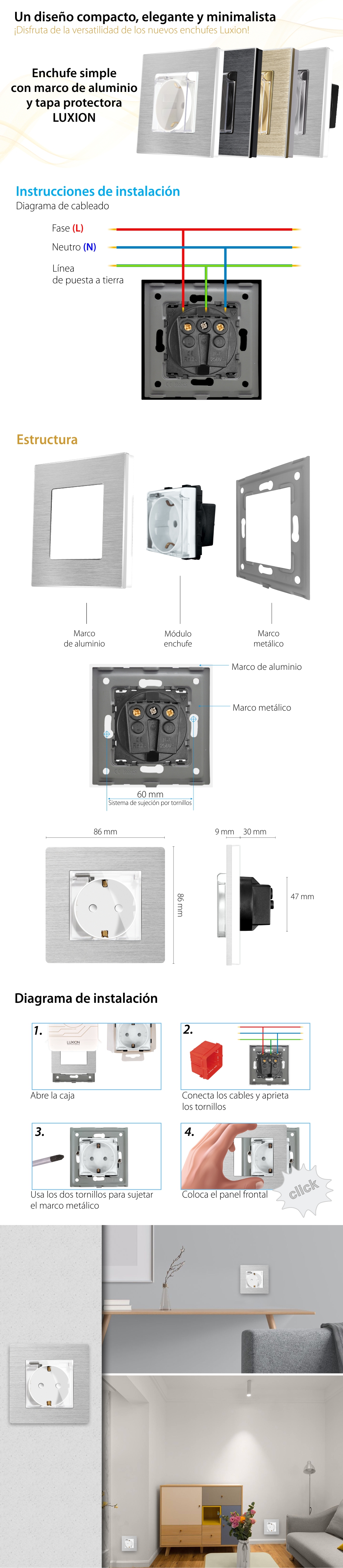 Enchufe simple con tapa protectora LUXION con marco de aluminio