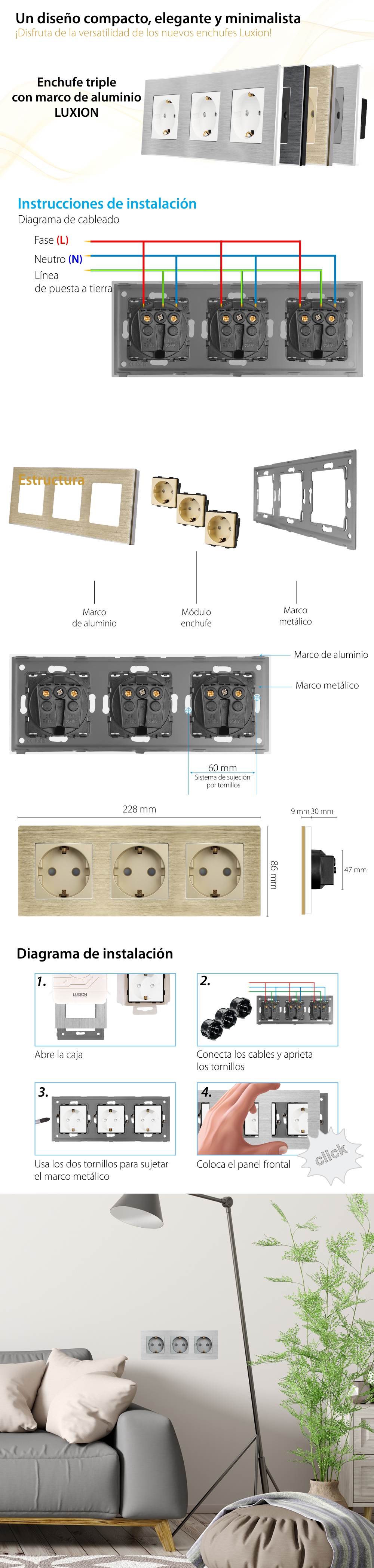 Enchufe triple LUXION con marco de aluminio