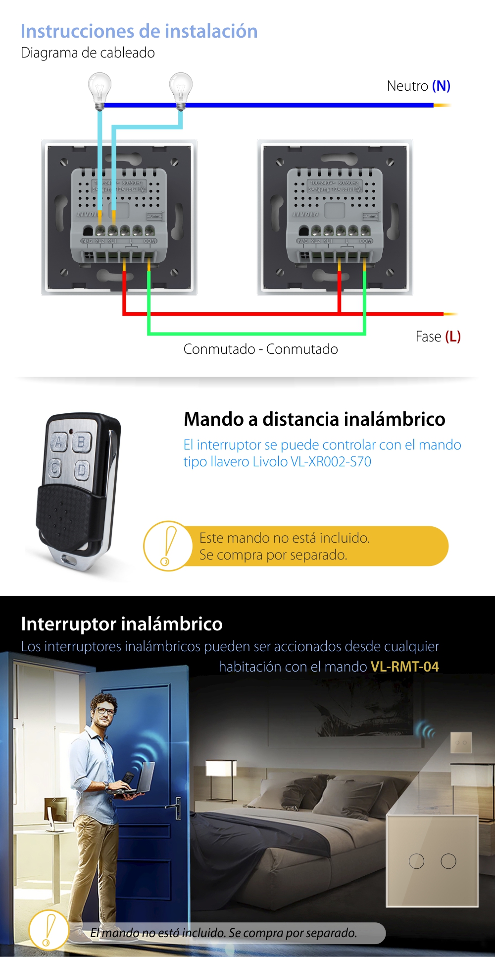 Interruptor conmutador/conmutador cruce doble táctil inalámbrico LIVOLO – Serie nueva