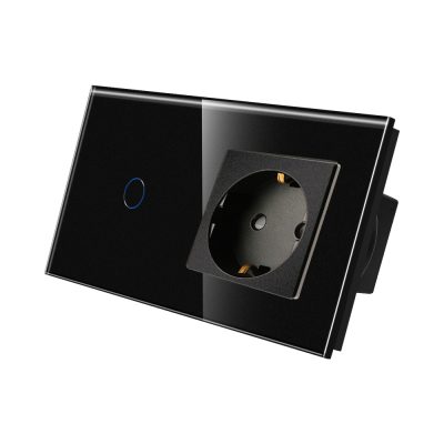 Interruptor simple + enchufe con marco de vidrio LUXION culoare neagra